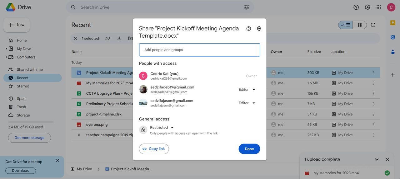 Change permission settings of shared documents in Google Drive