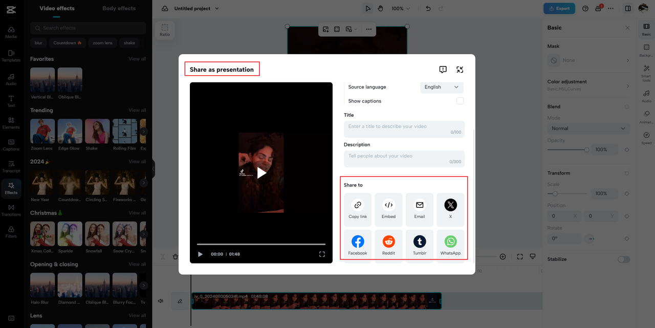 share video as a presentation on the CapCut online video editor