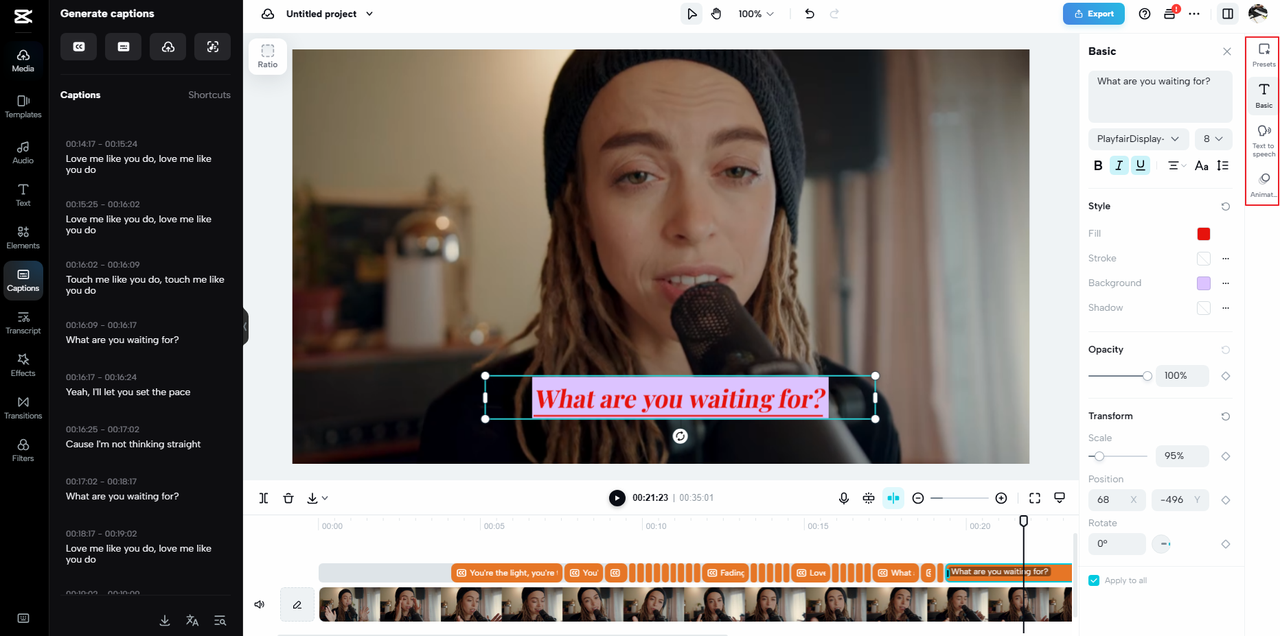 how to edit the text in a music lyrics video in CapCut online video editor