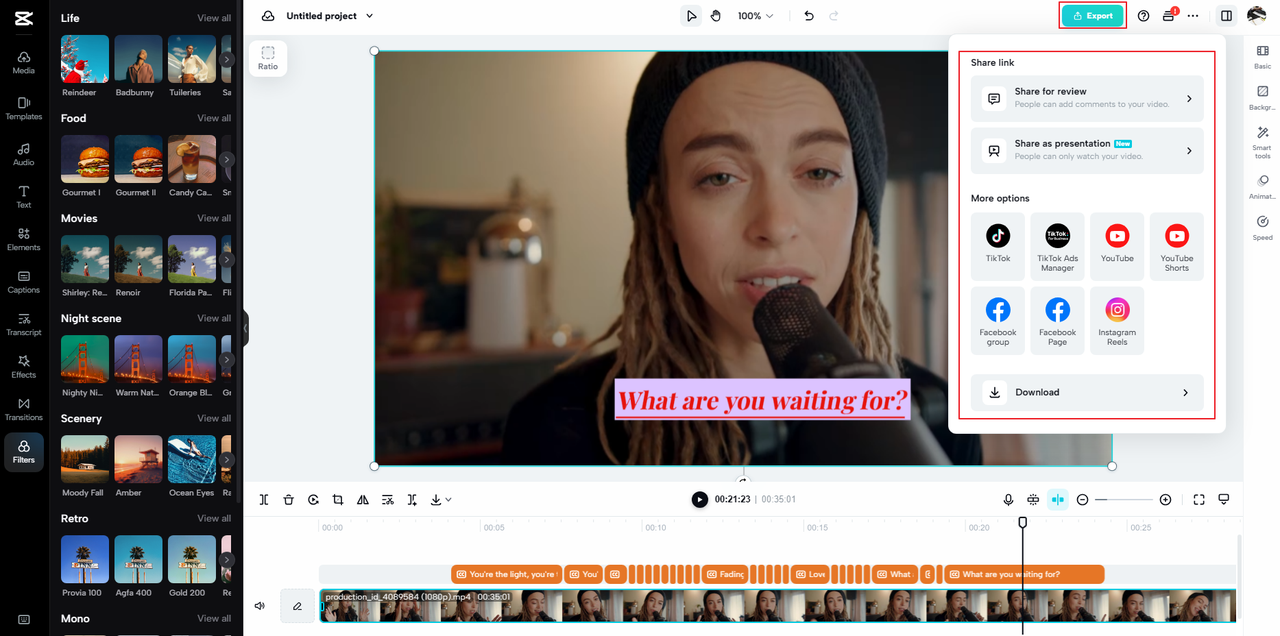 different video exporting options on the CapCut online video editor
