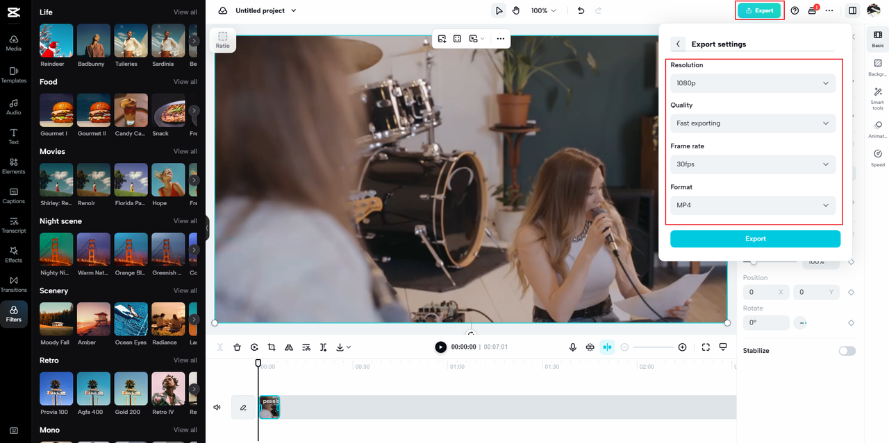  Export settings via the download option on the CapCut online video editor