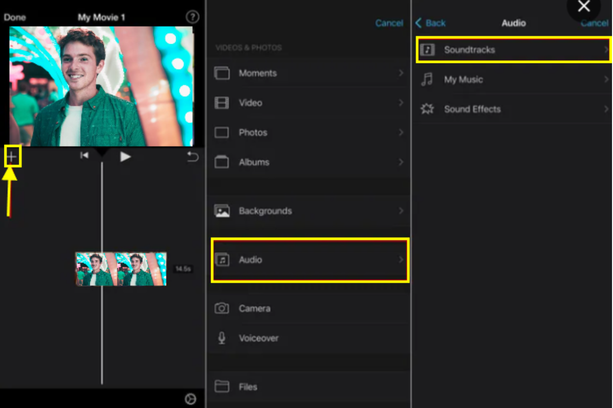 Add footage and access the audio options with iMovie