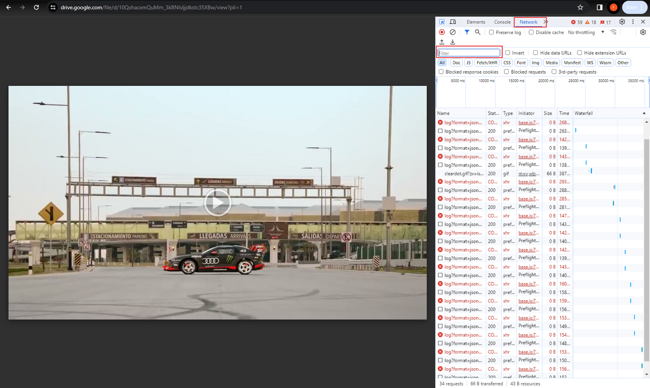 network tab and filter text box