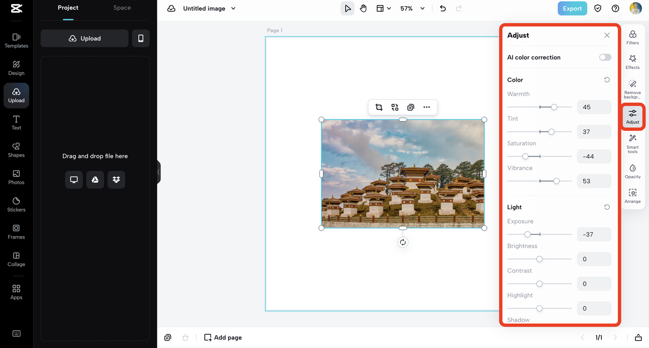 color adjustment settings