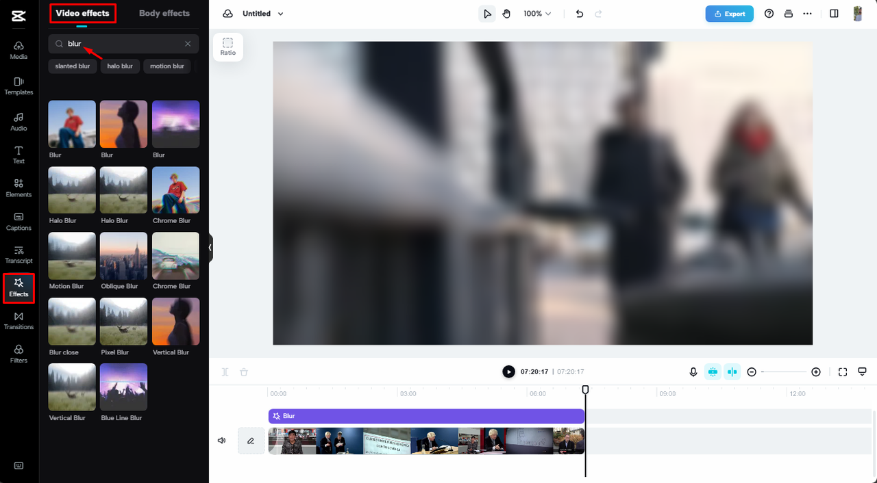 head to the "Effects" tab from the left panel and choose "blur."
