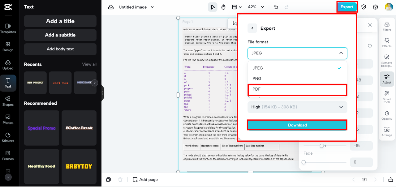 export in pdf format