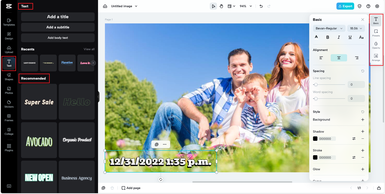 Text feature in CapCut Online
