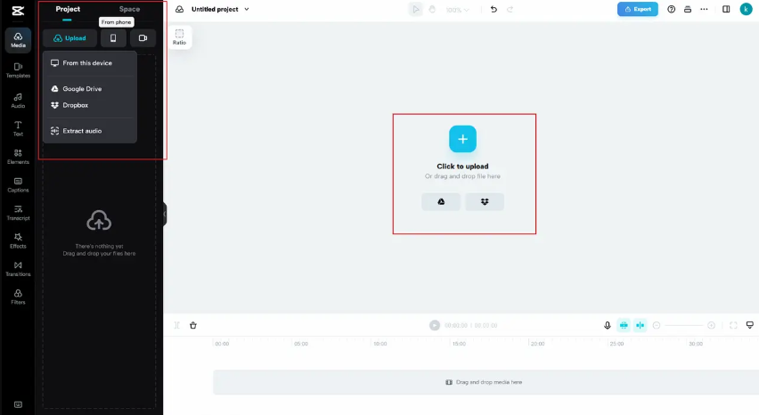 upload media on the avi to mp4 freeware of CapCut video online editor