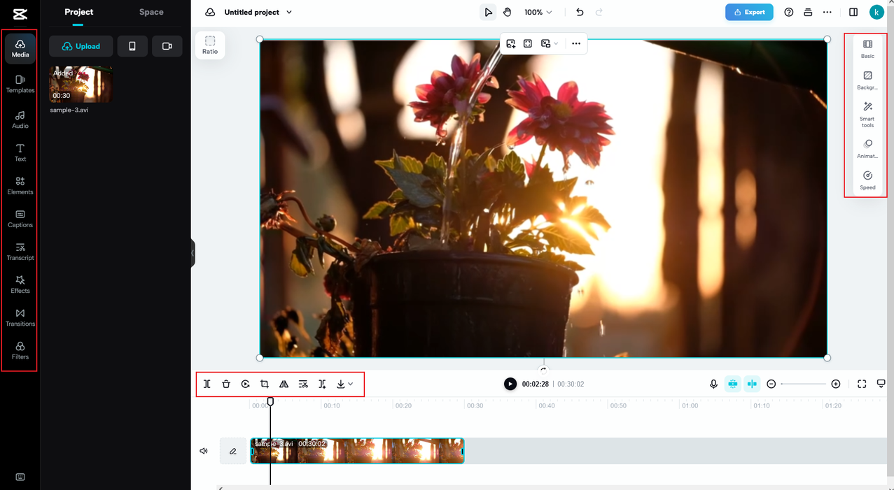 edit AVI video on the freeware avi to mp4 converter of CapCut online video editor