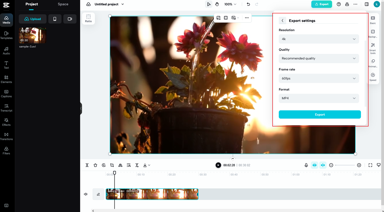 export settings on CapCut's avi to mp4 converter software 