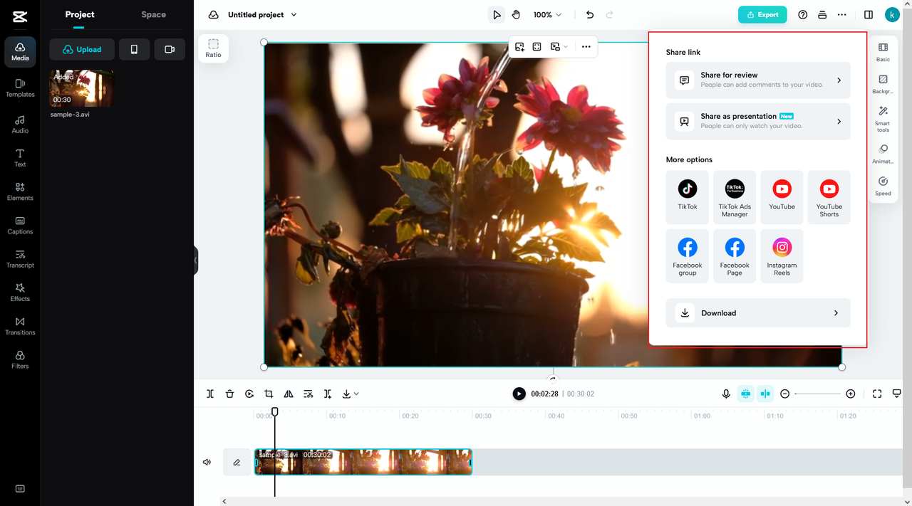 share video with CapCut's freeware avi to mp4 converter