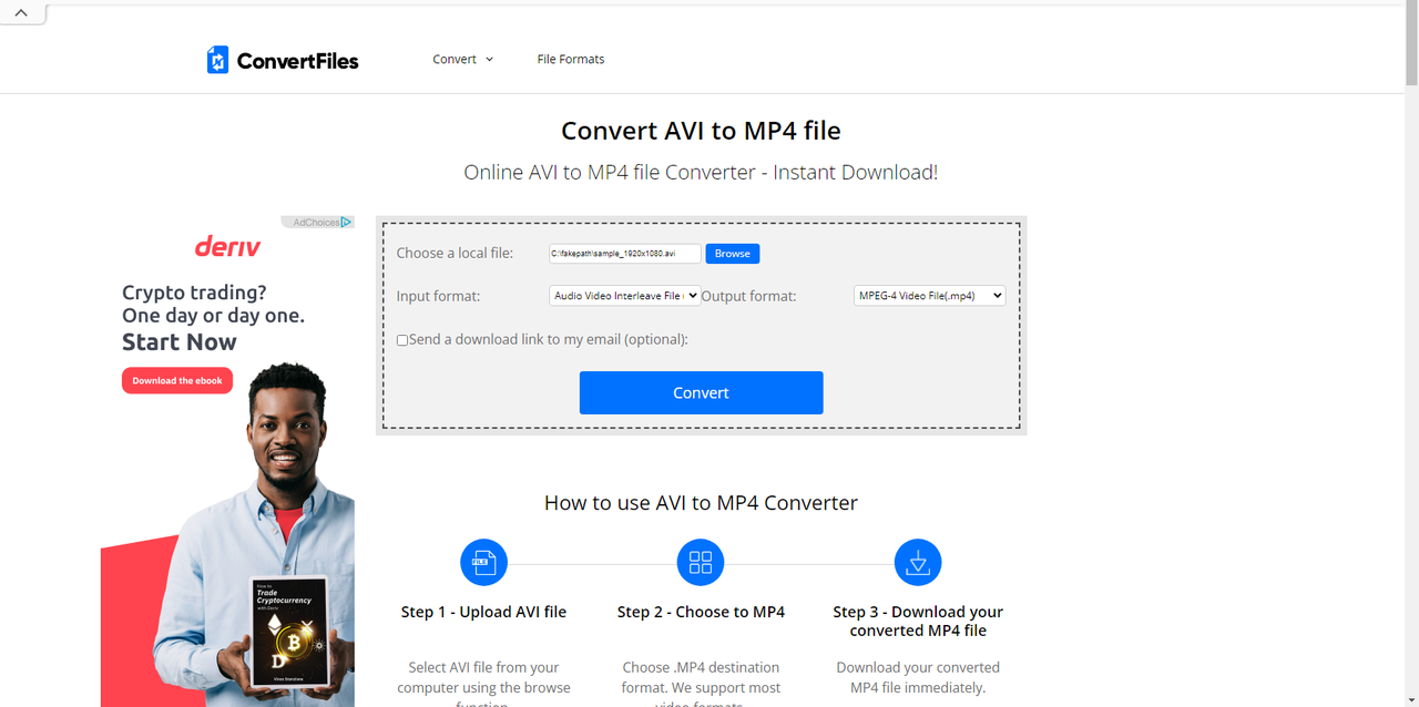 ConvertFiles AVI to MP4 conversion interface
