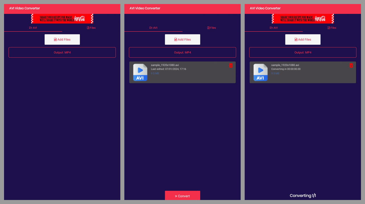 AVI to MP4 video converter interface