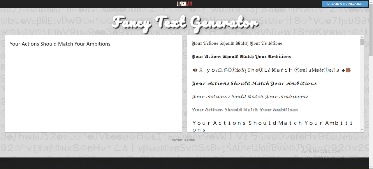 Generated Instagram font styles in LingoJam