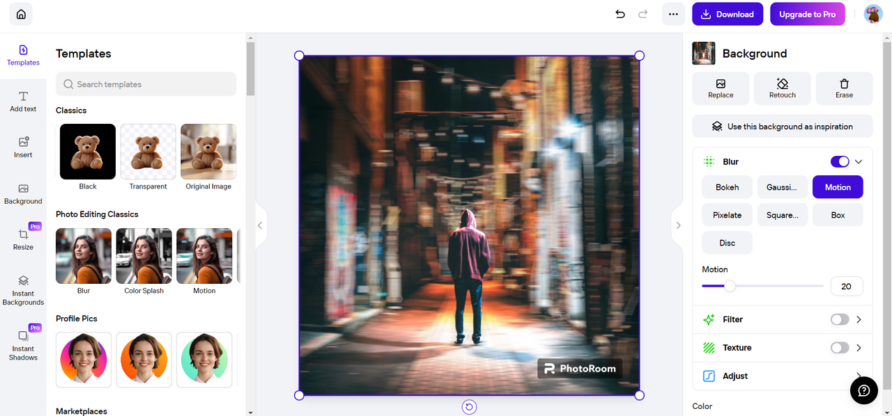     上传图片    PhotoRoom editing interface