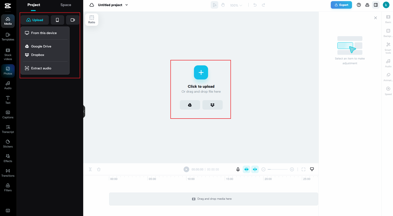 Options to upload media on CapCut Web Editor