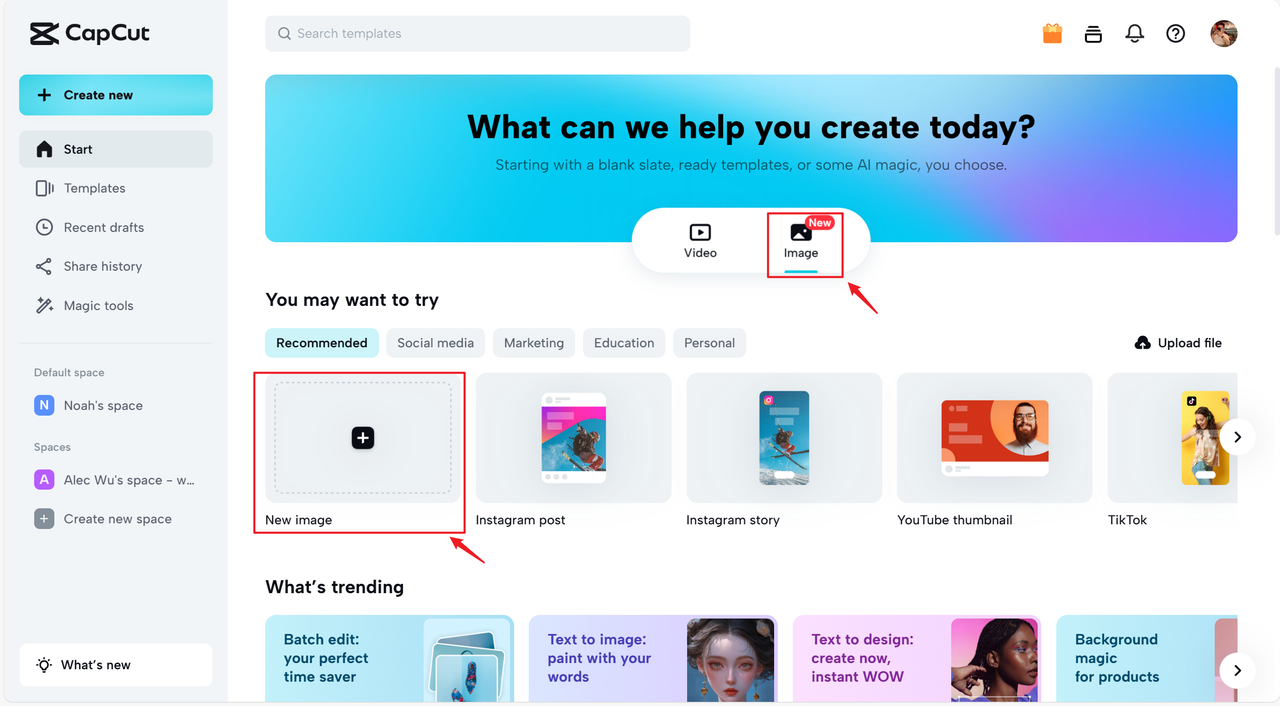 Create new project on CapCut online
