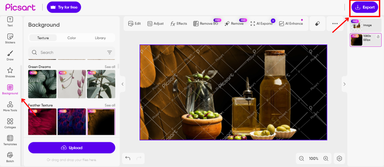 Export an image from PicsArt