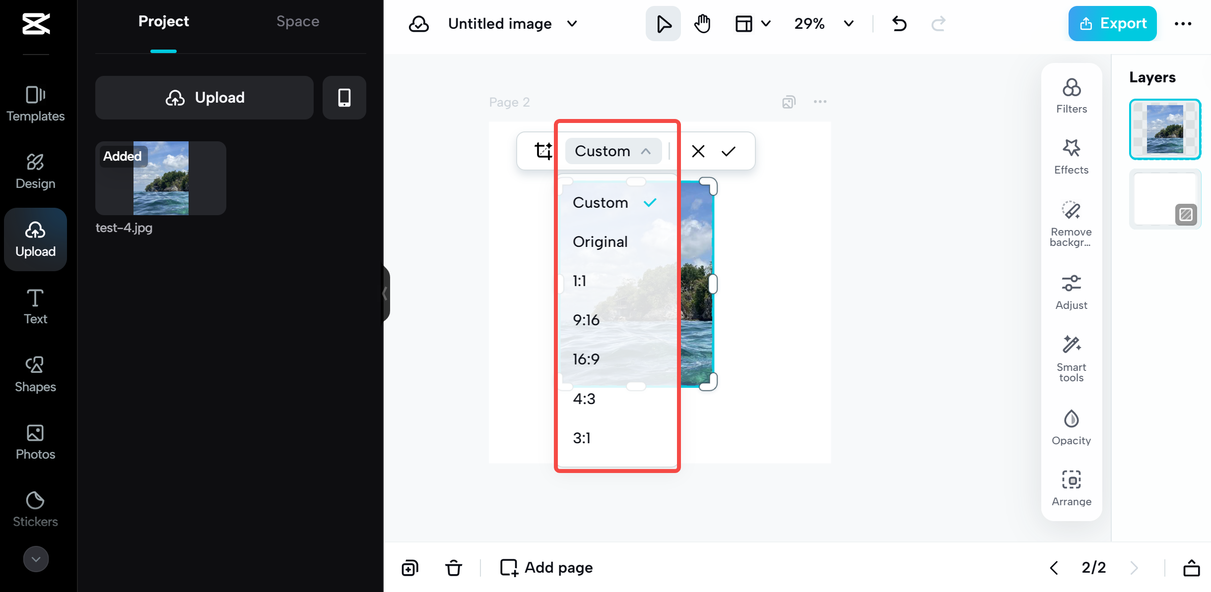 crop and select the aspect ratio