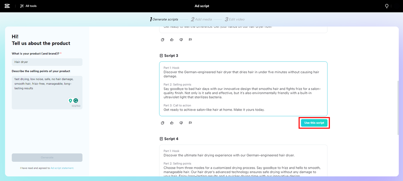 select the desired ad script