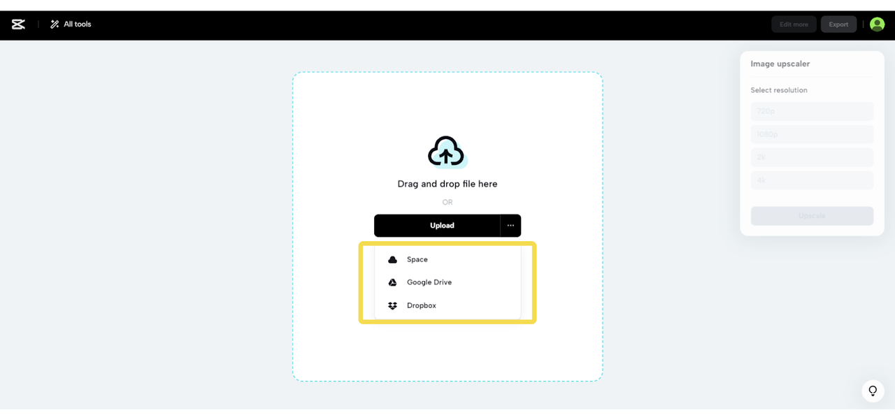 Upload options to import image
