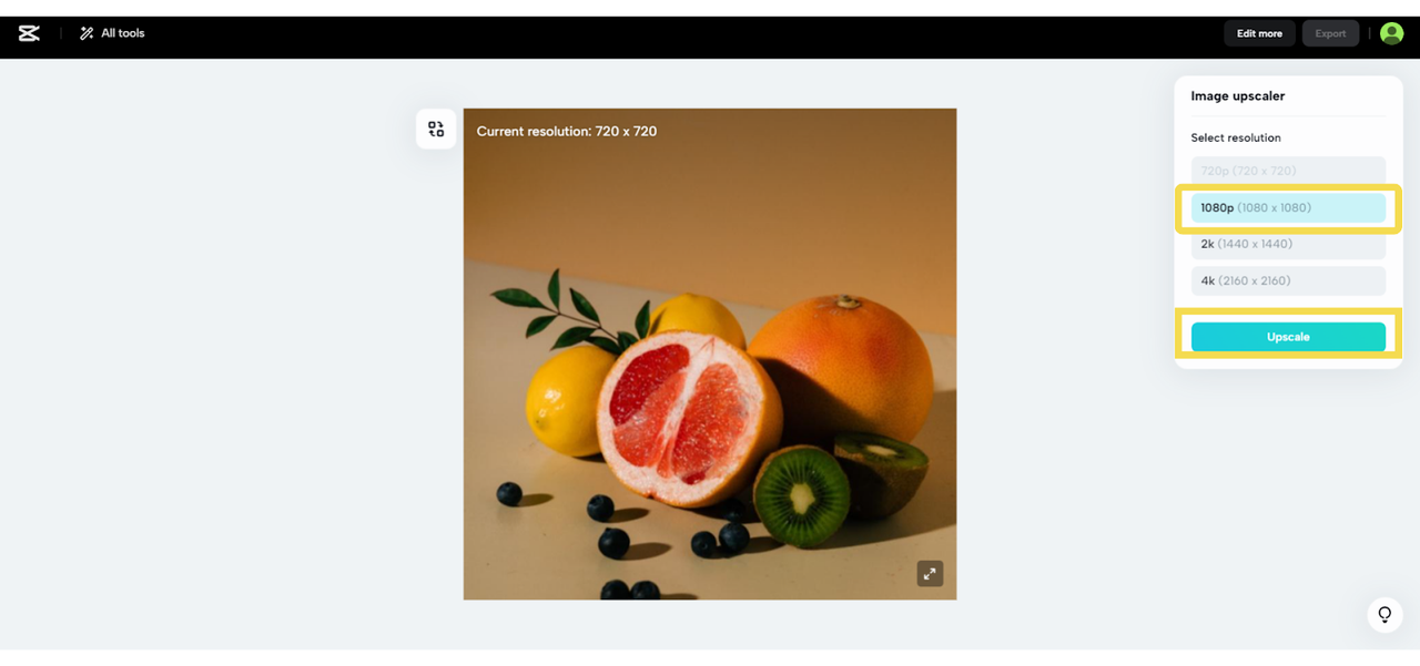 Image upscale interface with options