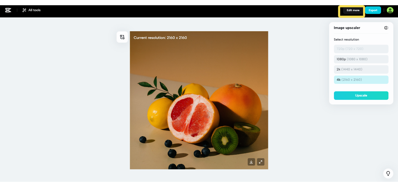 Interface showing 4K upscaled image