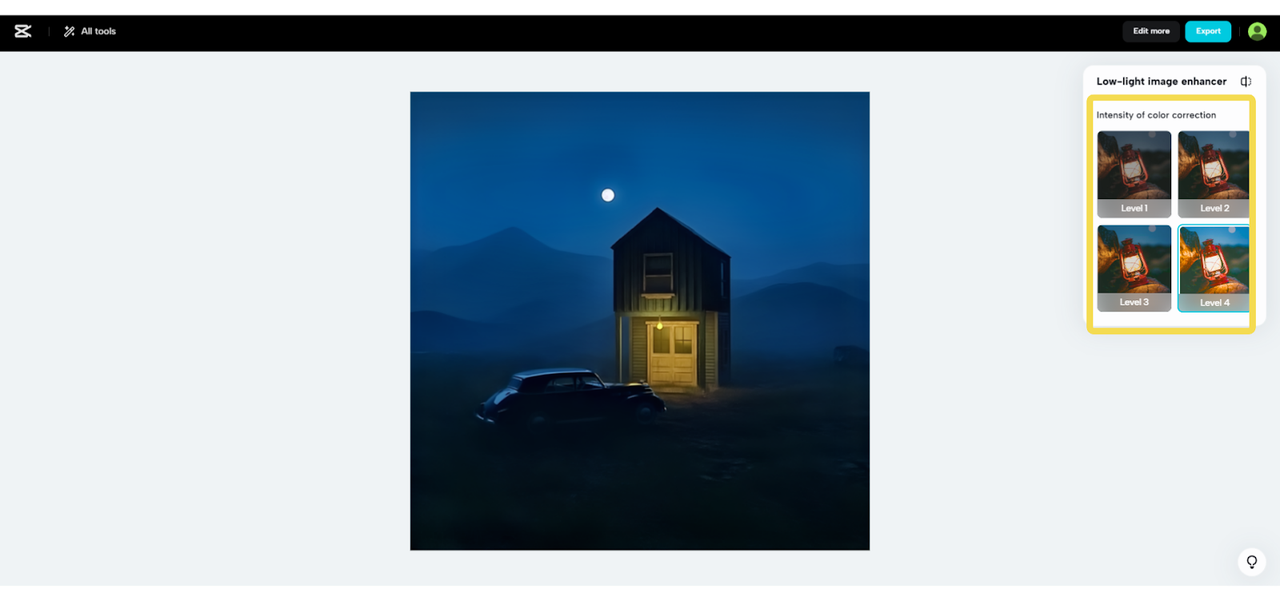 Different levels of low light enhancing