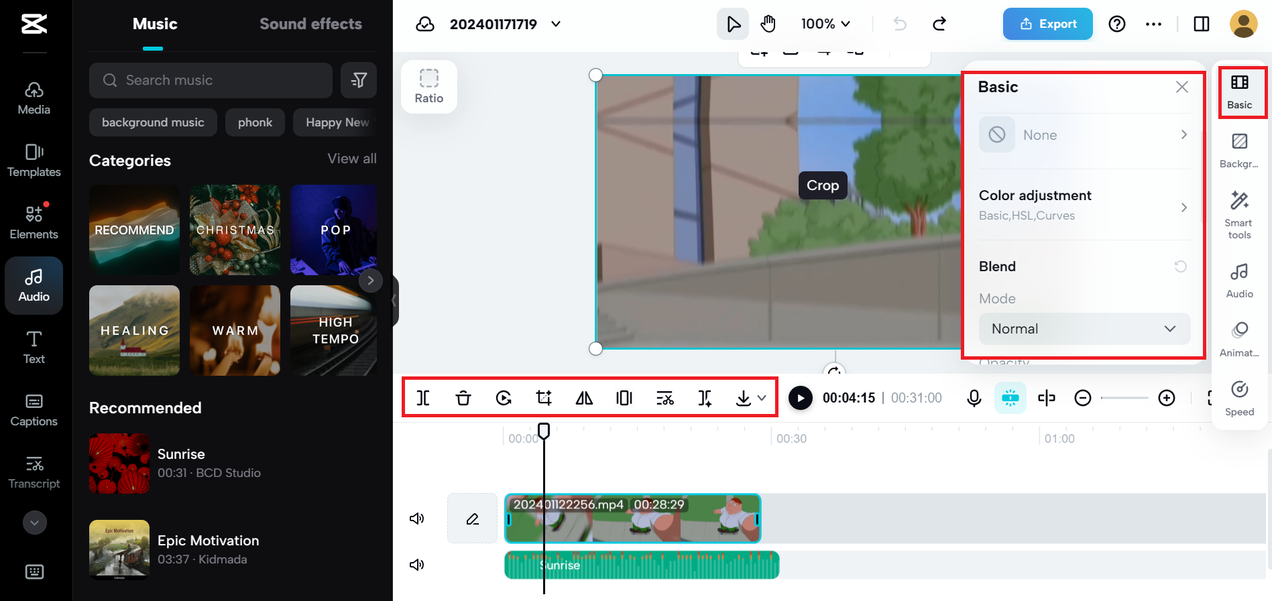 Basic video editing features to edit video with song app, the CapCut online video editor