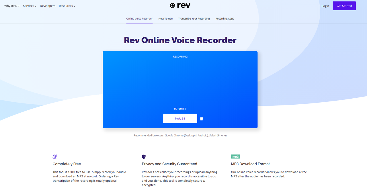 Rev online voice recorder interface