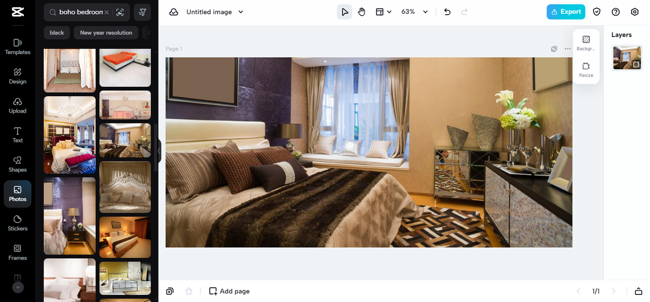 boho style bedroom photos in CapCut online photo library