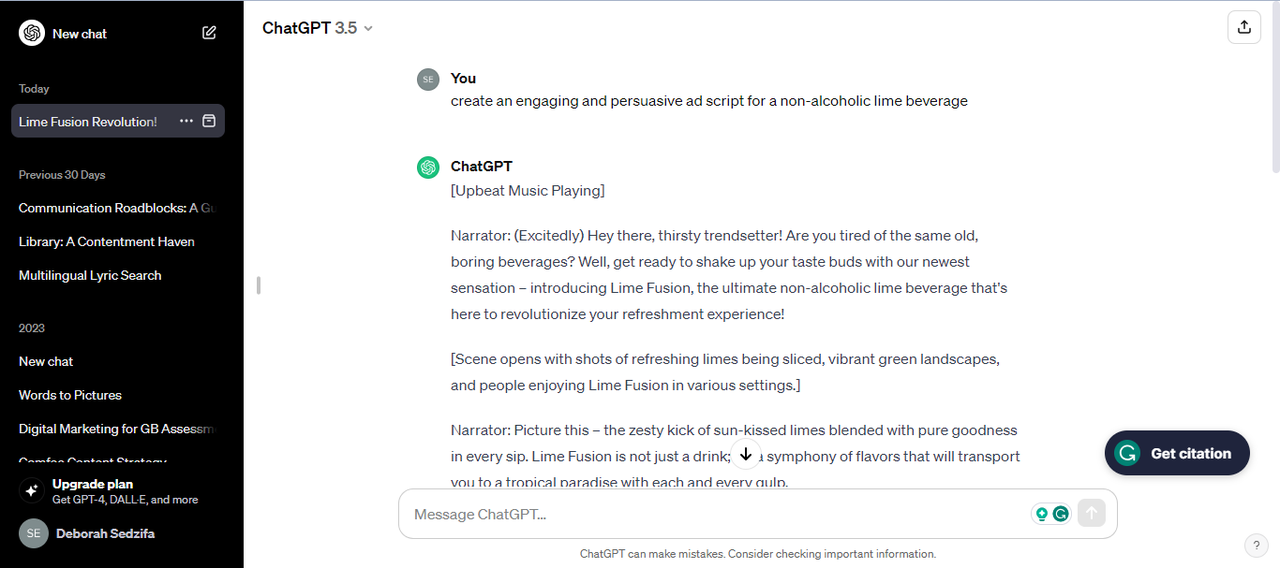 Generated ad script with Chat GPT