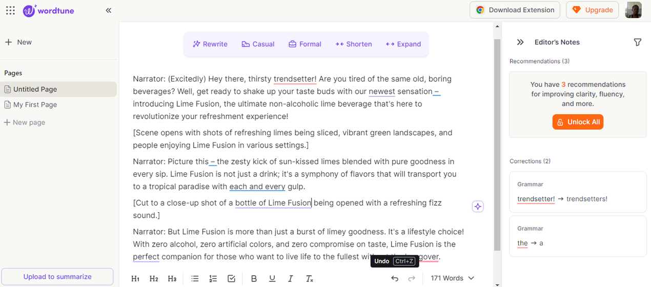 Generated ad script with Wordtune writing assistant