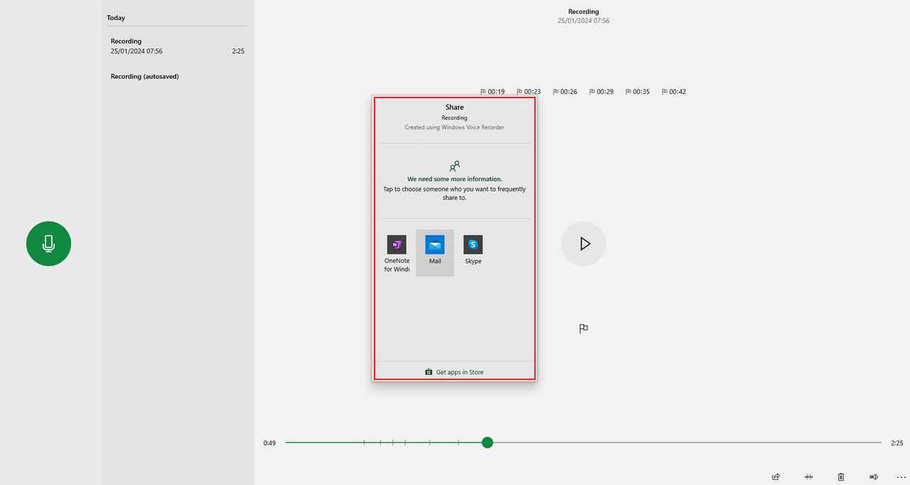 how to share a recorded voice via the in-built Windows voice recorder app