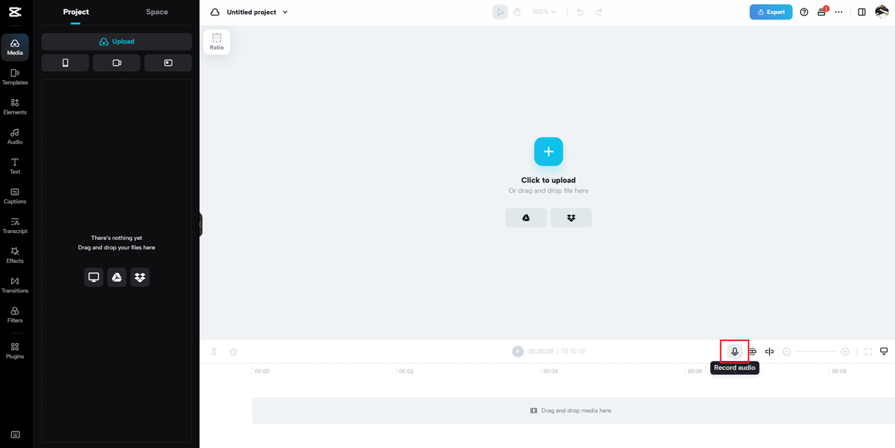 how to launch the sound recorder Windows app on the CapCut online video editor 
