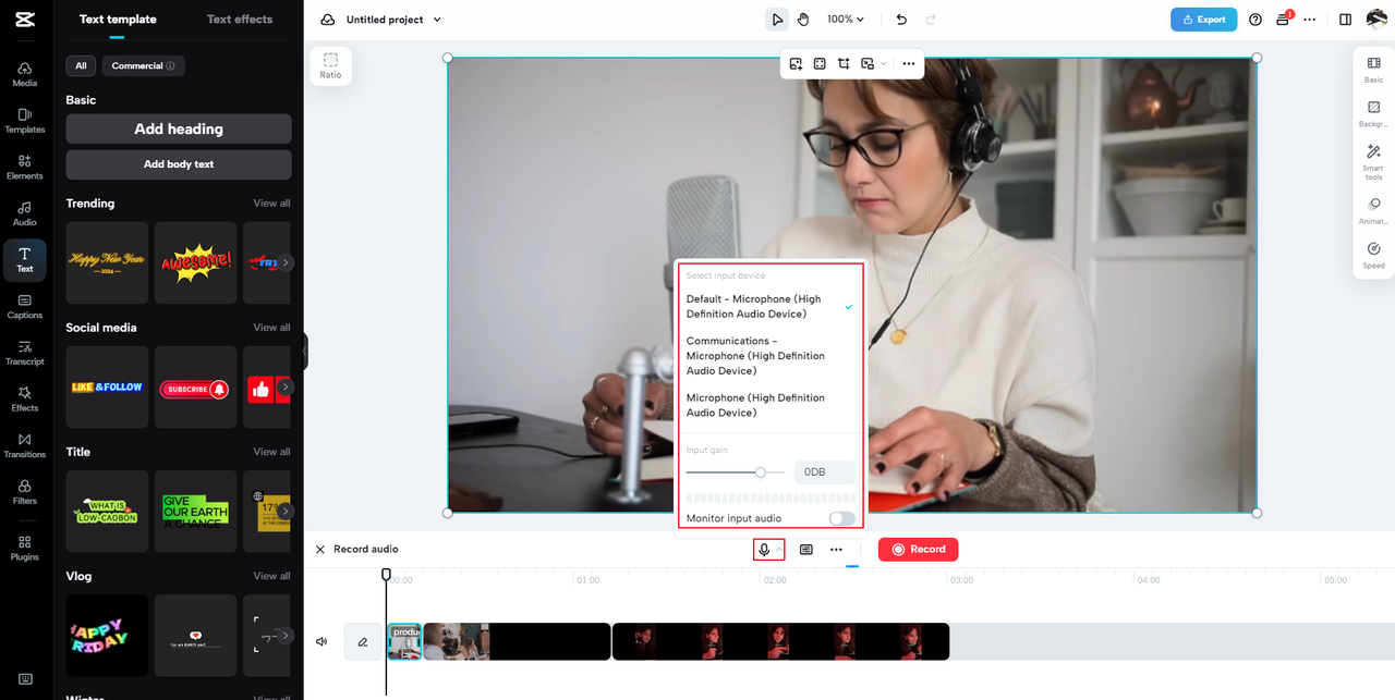 voice recording settings for recording computer audio Windows on the CapCut online voice recorder 