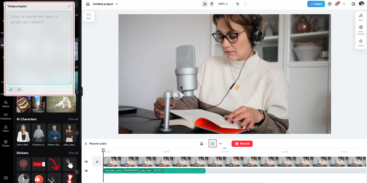 how to use the teleprompter on the CapCut voice recording software for Windows 
