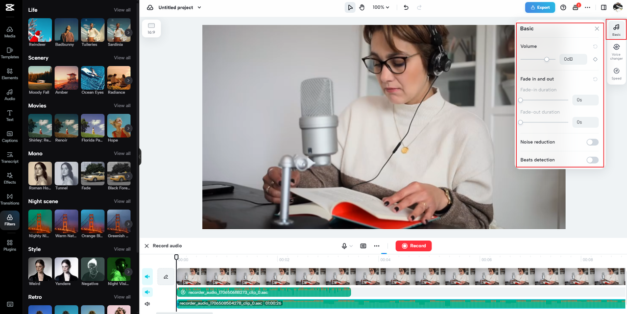 basic editing features of the CapCut audio recorder Windows program  