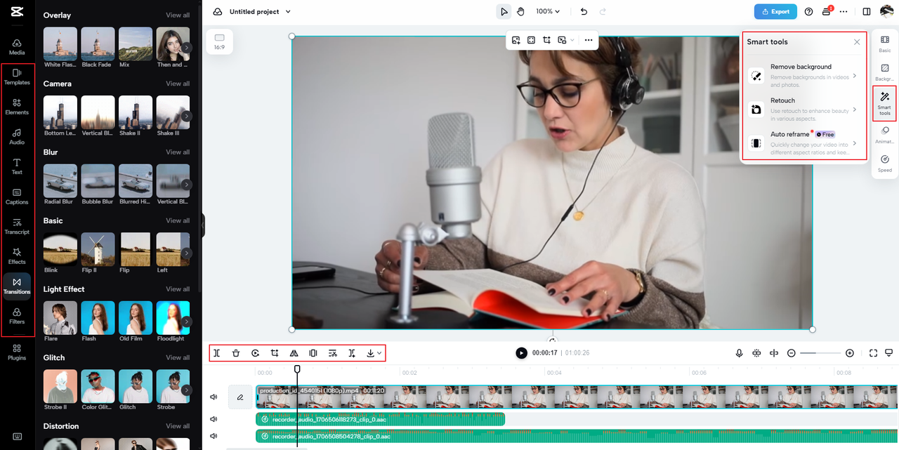 basic, advanced, and AI features on the CapCut online video editor
