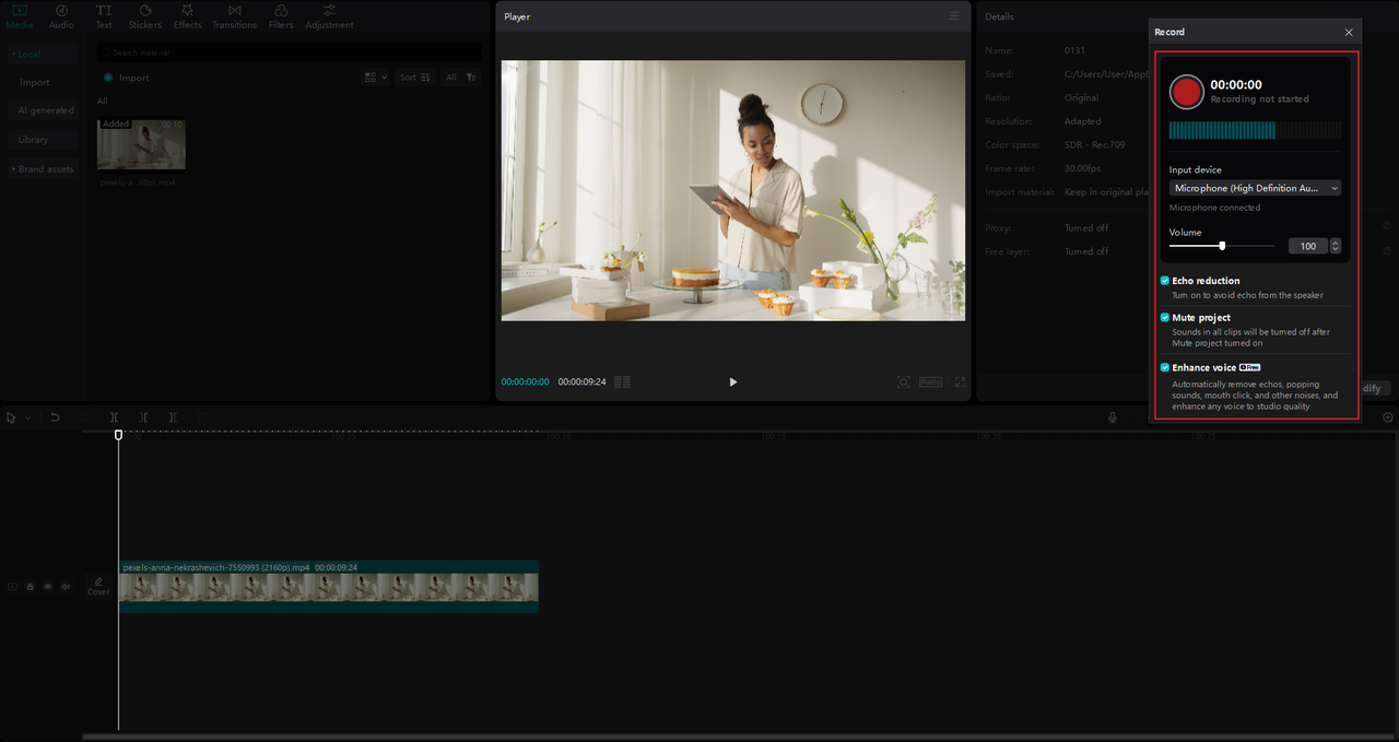 Voice recording settings on the CapCut desktop video editor's Windows audio capture software.