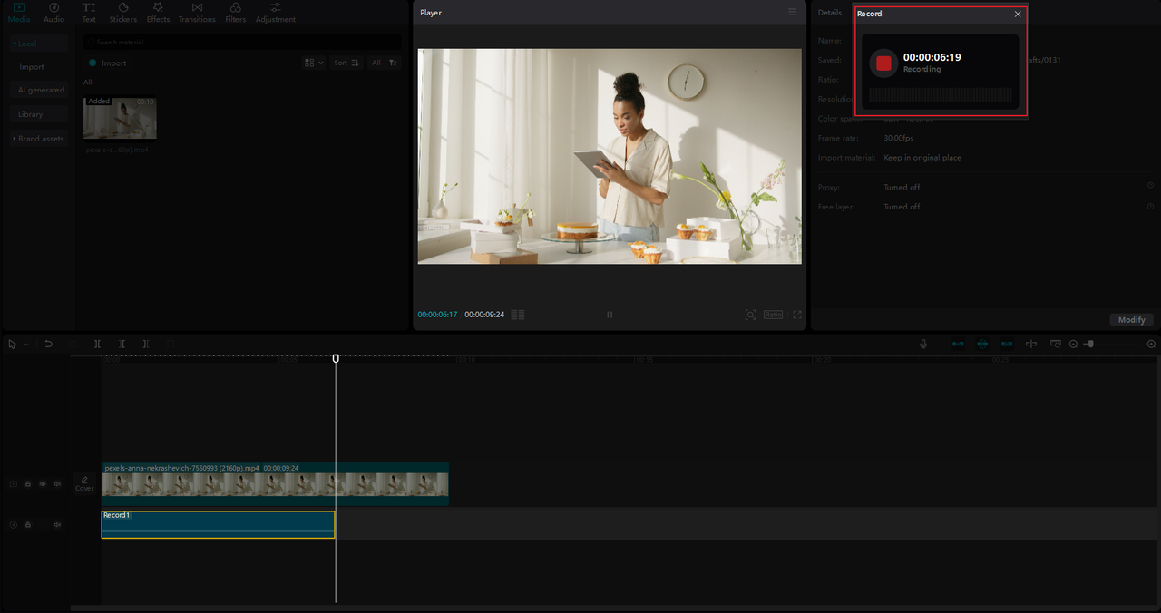 voice recording interface on the CapCut desktop video editor voice recorder Windows program
