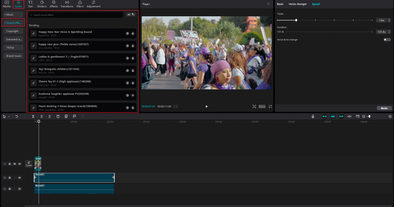 Audio resources on CapCut desktop video editor and voice recording software for Windows.