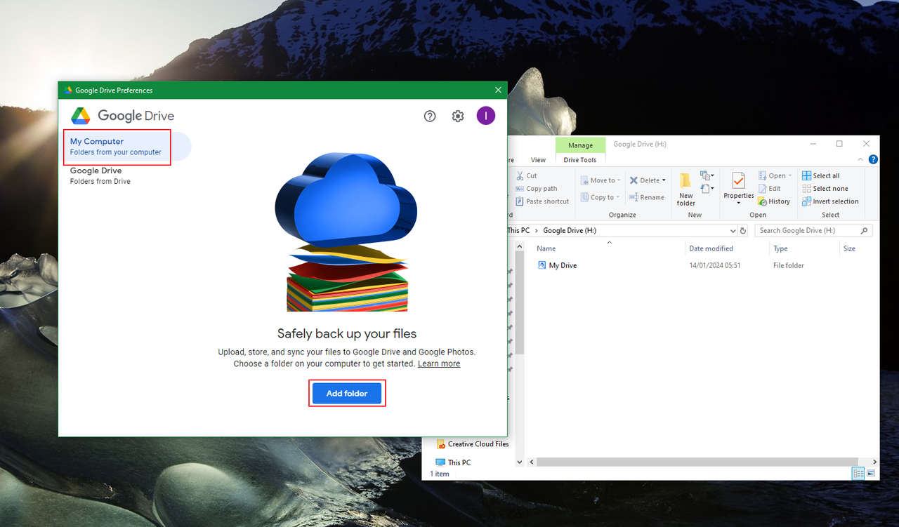 How to add a folder or file to sync with Google Drive app download.