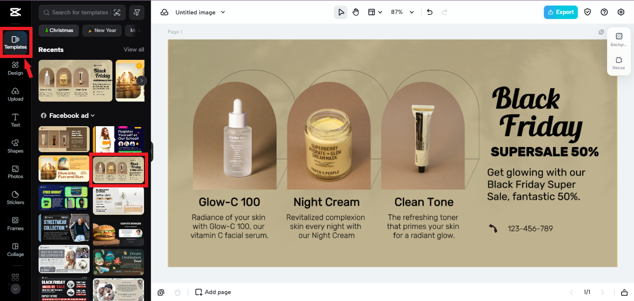 selecting Facebook ad template in CapCut Online