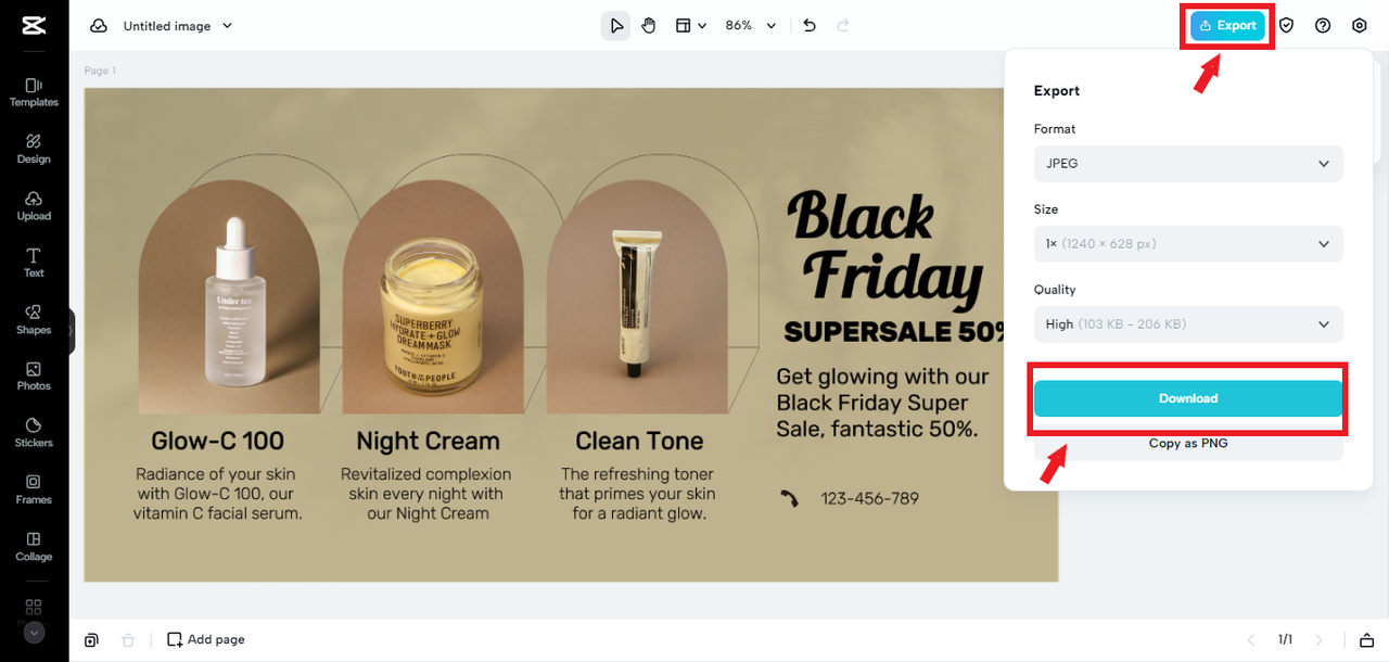 exporting Facebook ad from CapCut Online