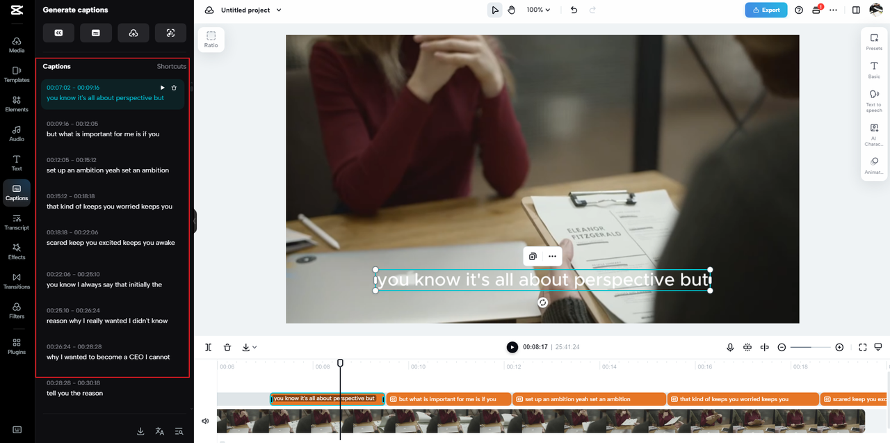 Subtitle displayed on the CapCut online video editor to add SRT to MP4