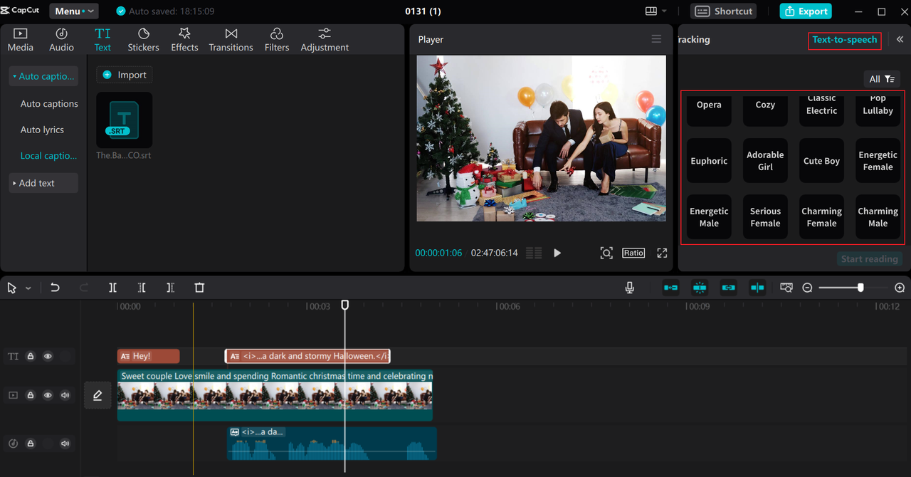 Convert text to speech when you insert SRT into MP4 on CapCut desktop video editor