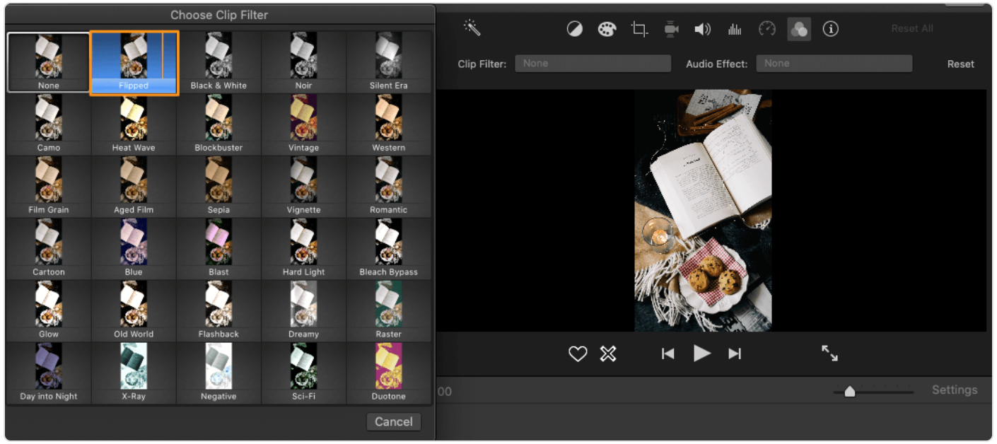 Choose the "Flipped" filter to flip your video horizontally.