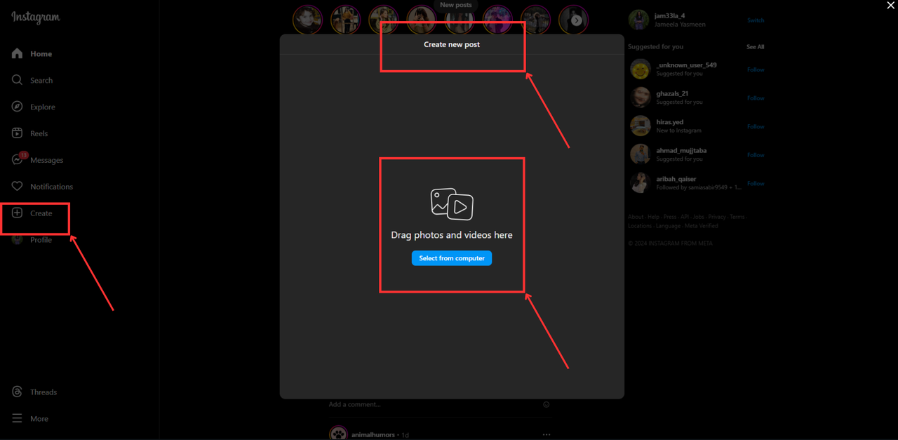 Instagram's click new post interface