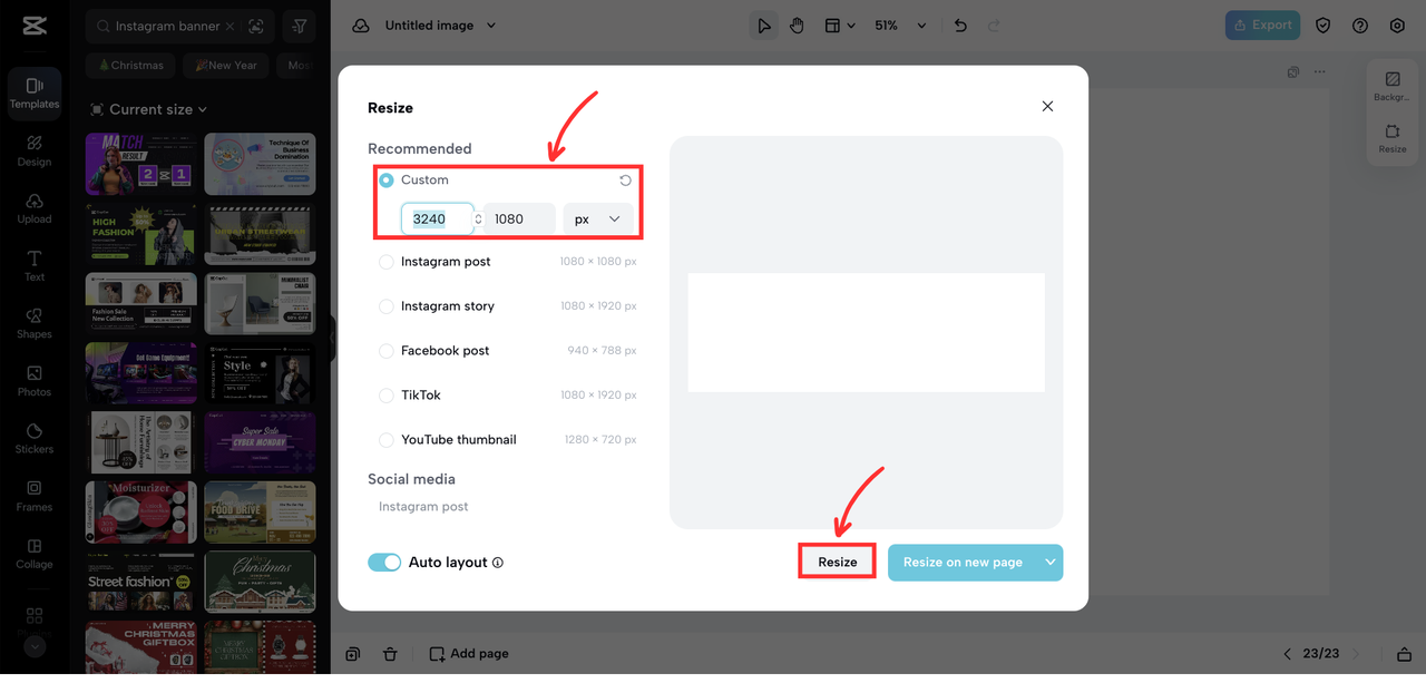 Instagram resize banner online on CapCut